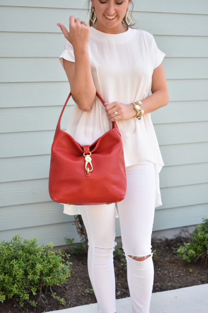 red Dooney & Bourke with all white outfit