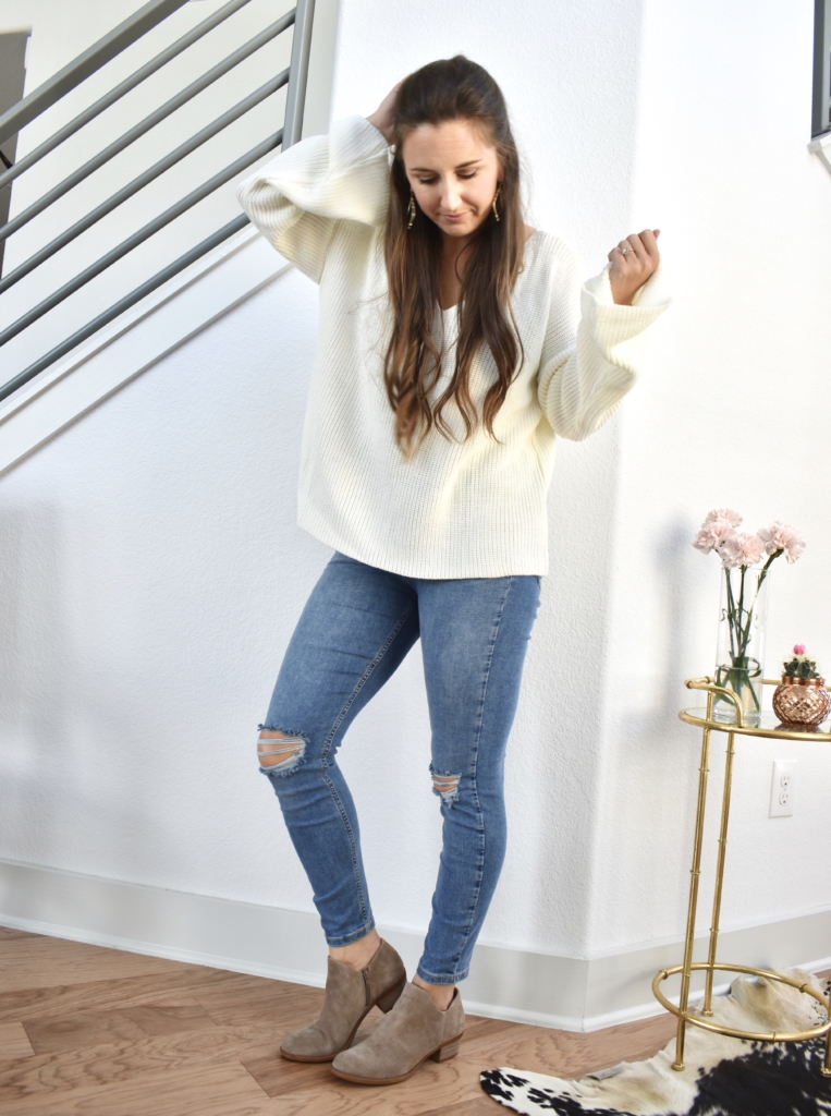 oversized white sweater, distressed skinny jeans, lucky brand booties