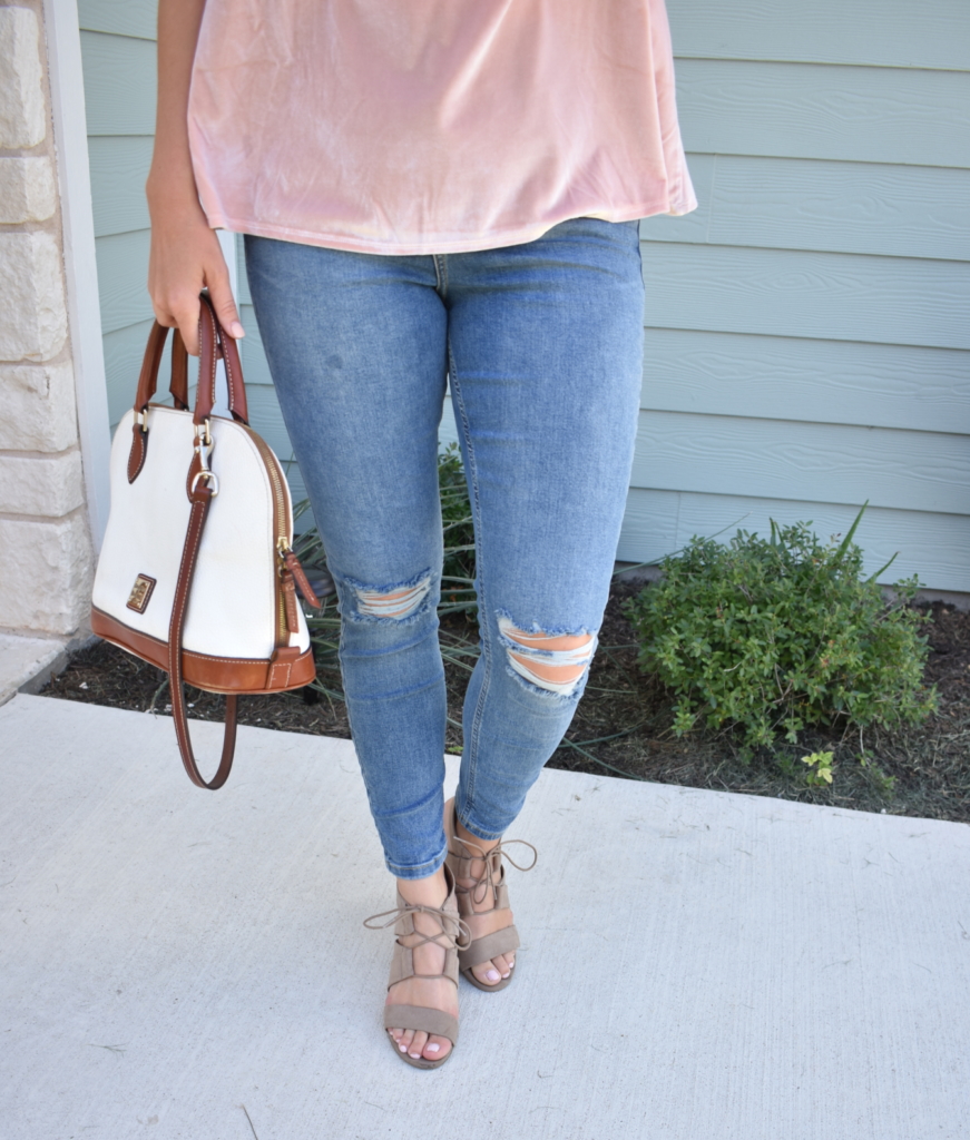 Velvet top with distressed jeans and Dooney and Bourke bag
