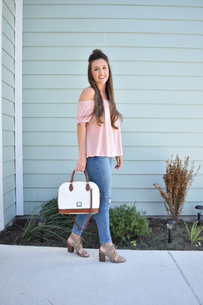 Velvet top with distressed jeans and Dooney and Bourke bag