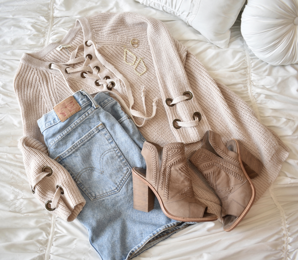 lace up sweater with peep toe booties and levi skirt