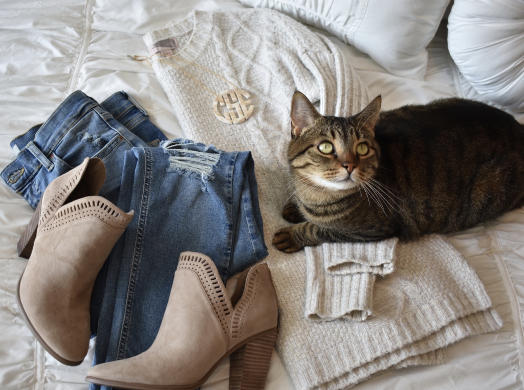 knit sweater with booties and kitten