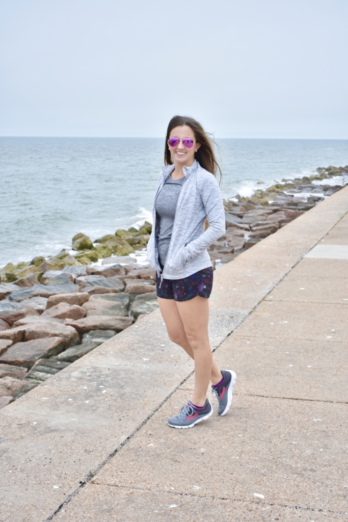 Grey Lululemon Swiftly Tech long sleeve and floral running shorts