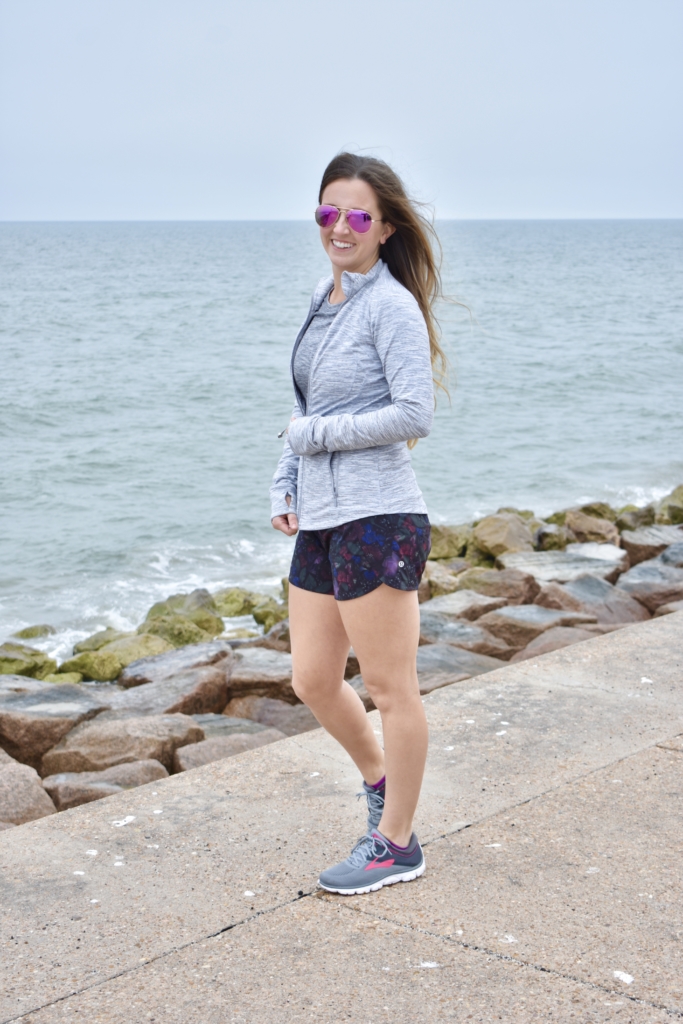 Grey Lululemon Swiftly Tech long sleeve and floral running shorts