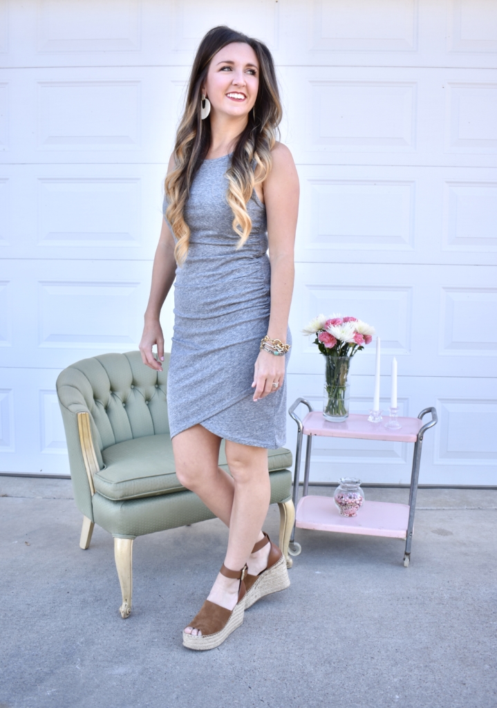 Ruched body-con tank dress in grey, Marc Fisher wedges, Kendra Scott earrings | Spring Look | Spring Style | Women's Fashion | Spring Fashion 