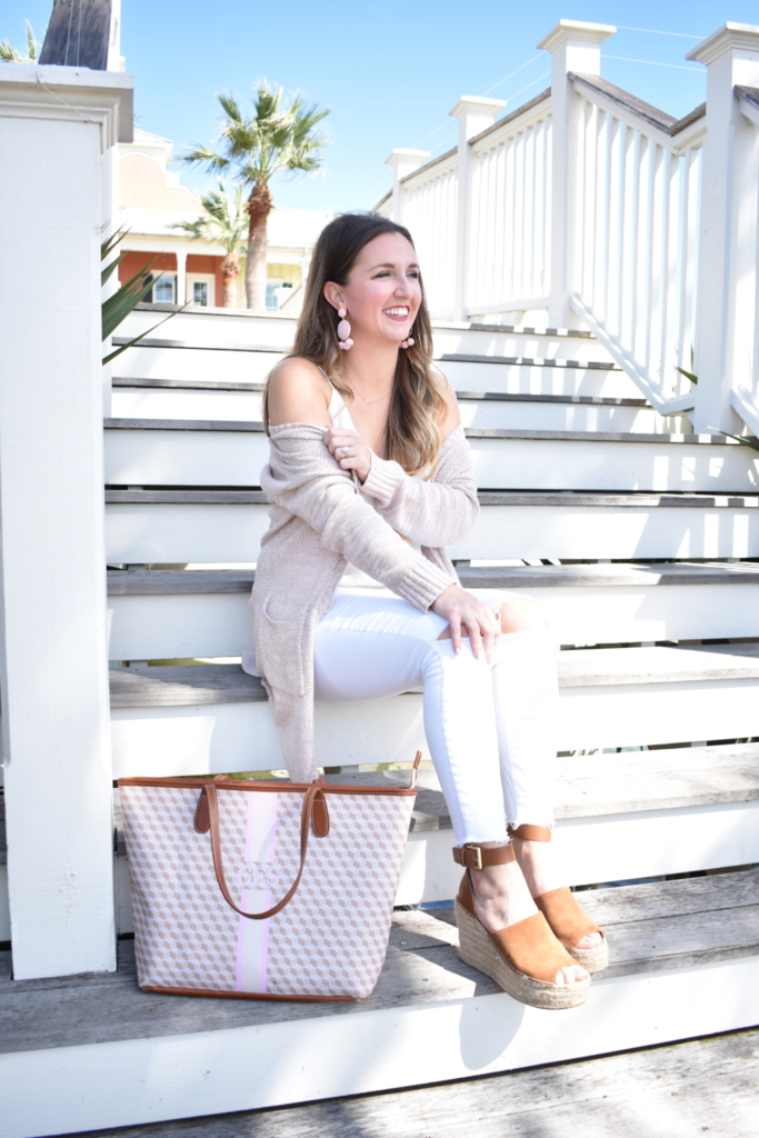 All white spring outfit with a blush cardigan and espadrilles