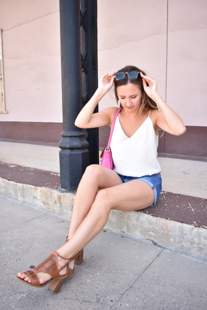 Summer Skincare Routine | summer outfit | hot pink Dooney & Bourke purse | affordable sandals | Rayban sunglasses