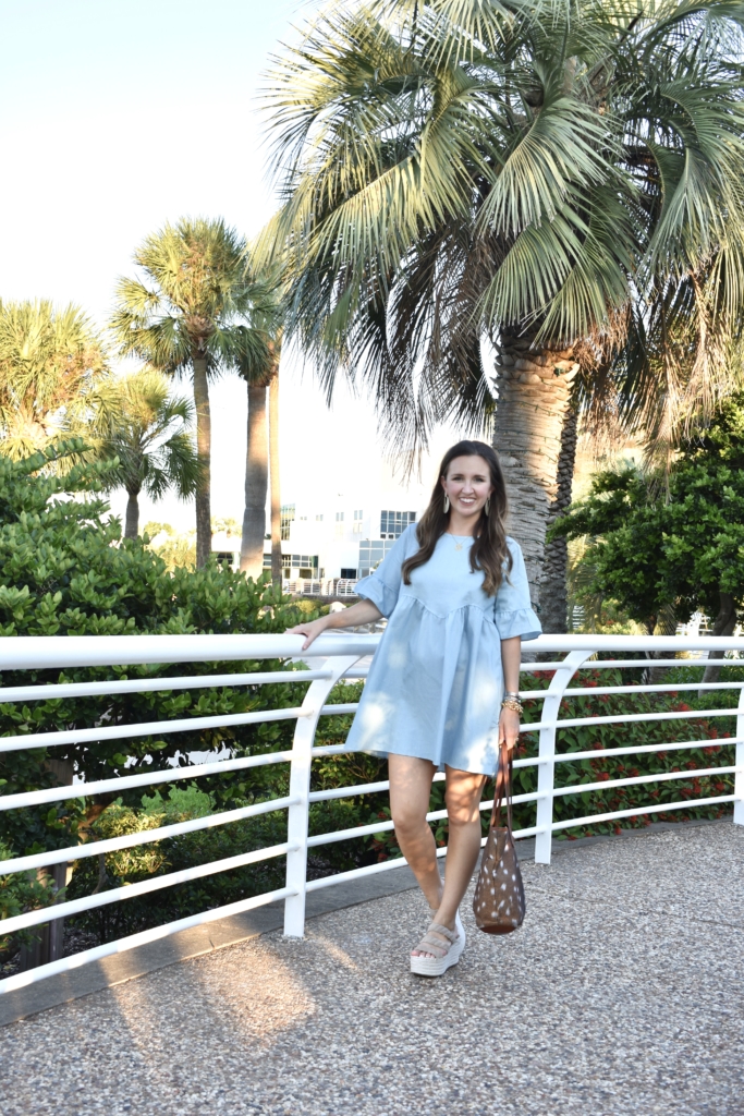 baby blue dress, Marc Fisher Wedges, Barrington Gifts Axis Deer Tote