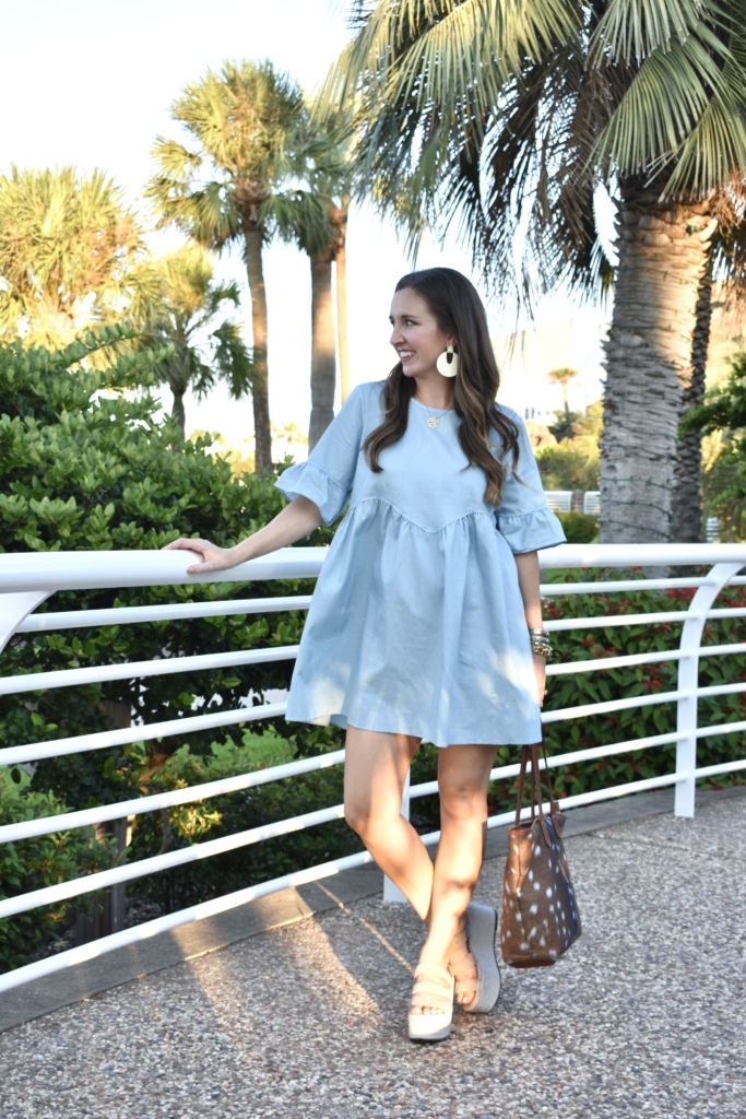 baby blue dress, Marc Fisher Wedges, Barrington Gifts Axis Deer Tote