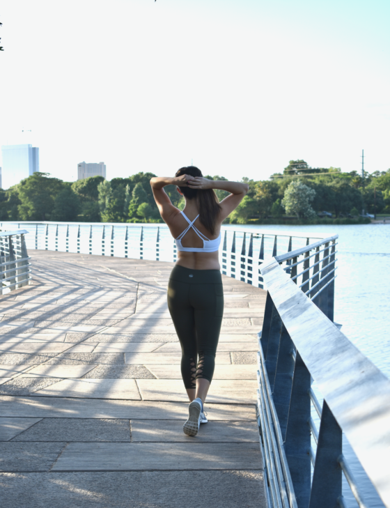 criss cross leggings and white sports bra