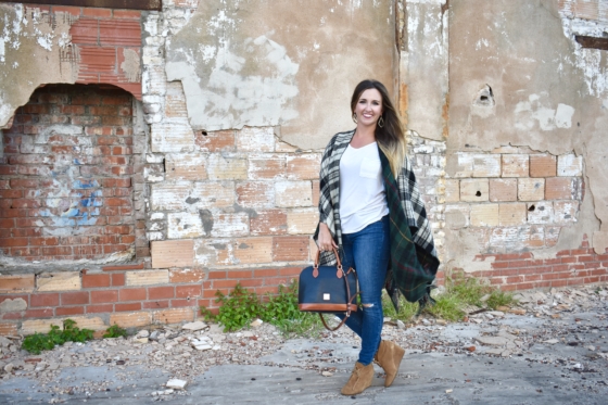 black and white plaid poncho with blue jeans and wedge booties