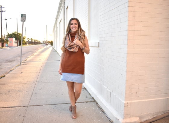 Levi Denim Skirt with Burnt orange sweater and cowl scarf