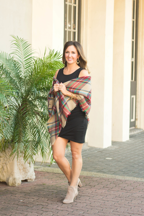 Black body con tank dress with plaid blanket scarf