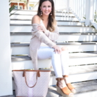 All white spring outfit with a blush cardigan and espadrilles
