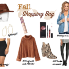 fall shopping bag, sweater, hat, booties, and leggings