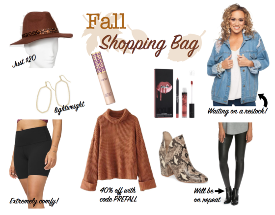 fall shopping bag, sweater, hat, booties, and leggings